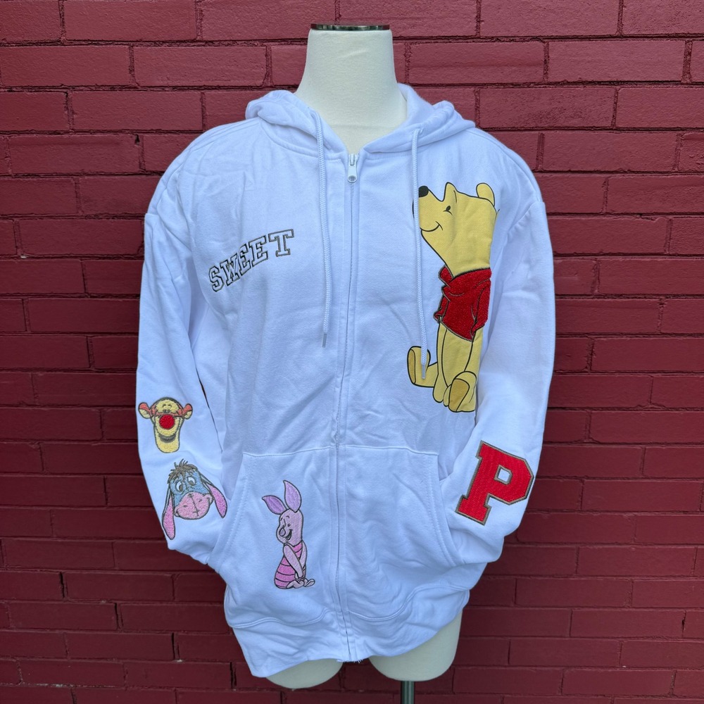 Disney Winnie the Pooh White Zip Up‎ Hoodie Womens Size XL Embroidered Character